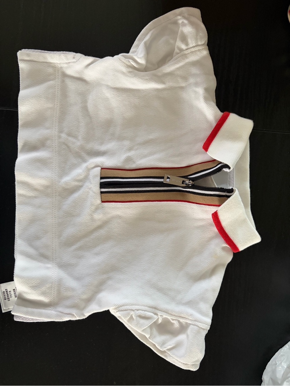 Burberry White Kids Polo with Red Collar Trim and Striped Zip